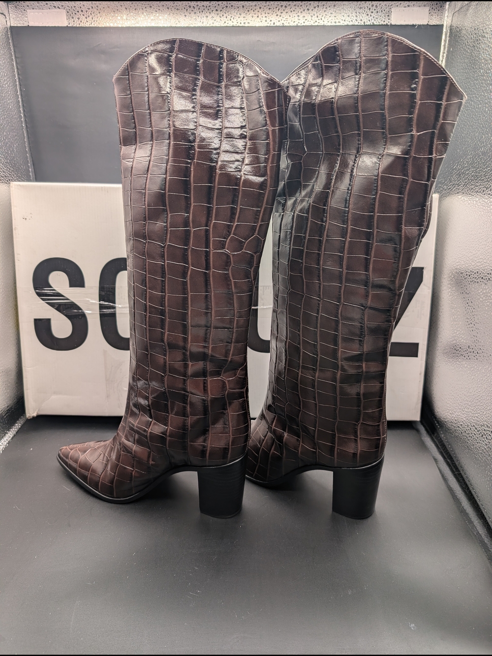 Schultz Brown Croc-Embossed Knee-High Heeled Boots
